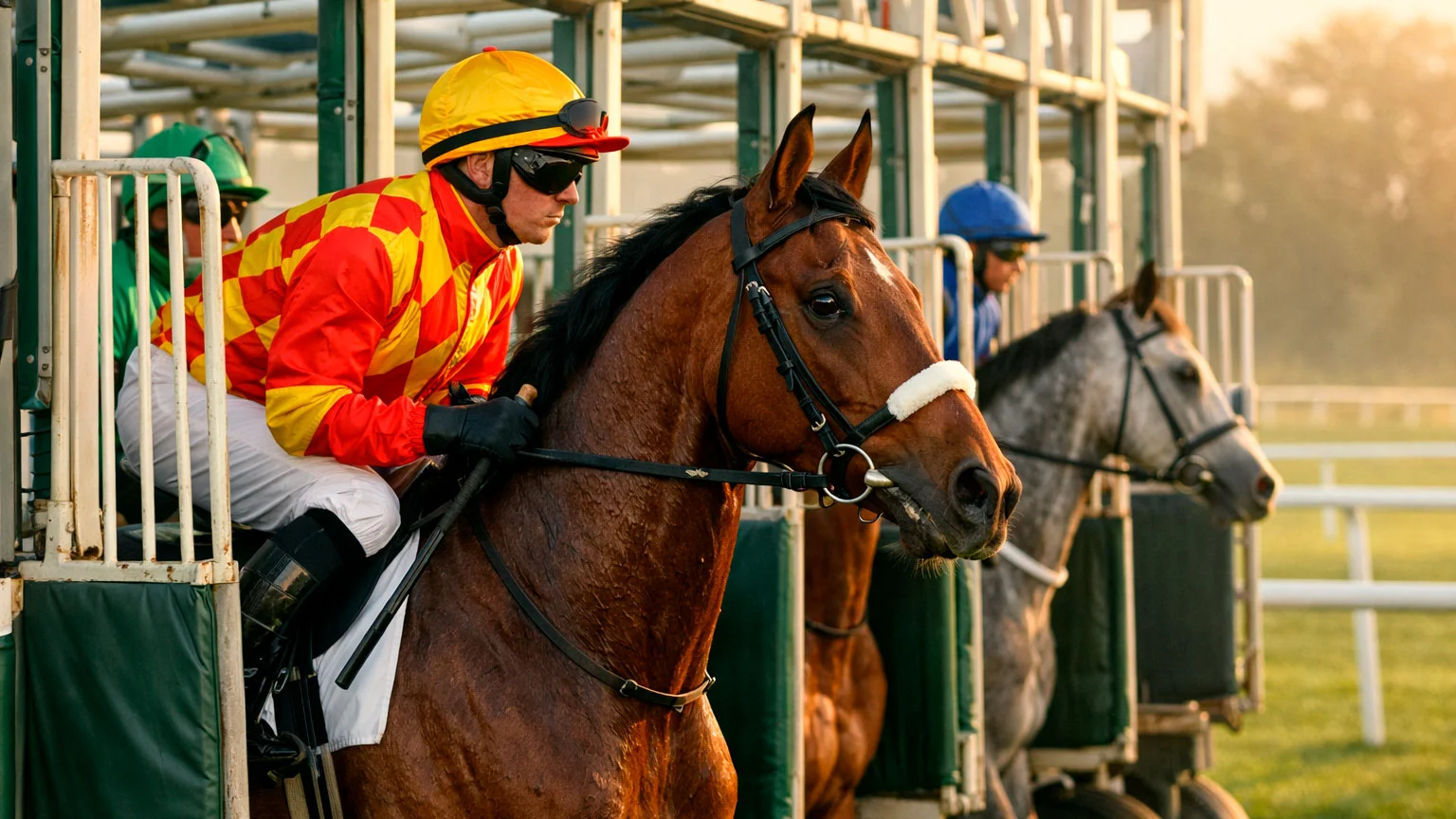 Jockey on horseback approaching the starting gates at a British flat racing meeting