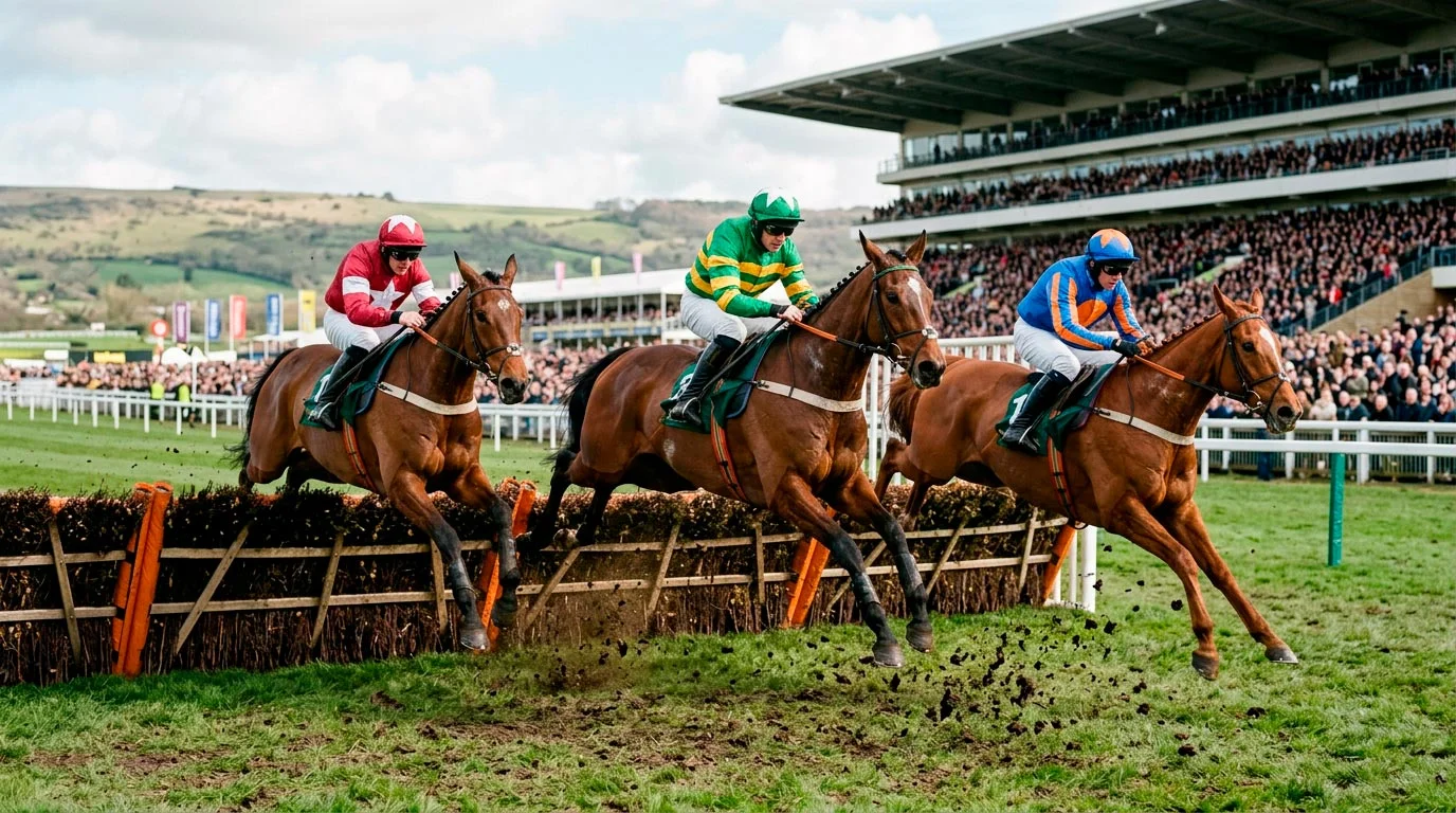 Crowds watching jump racing at Cheltenham Festival with horses clearing a hurdle