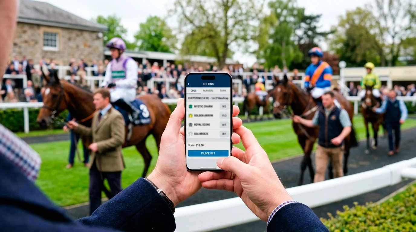 Person using a smartphone betting app to place a bet on horse racing with a racecourse in the background