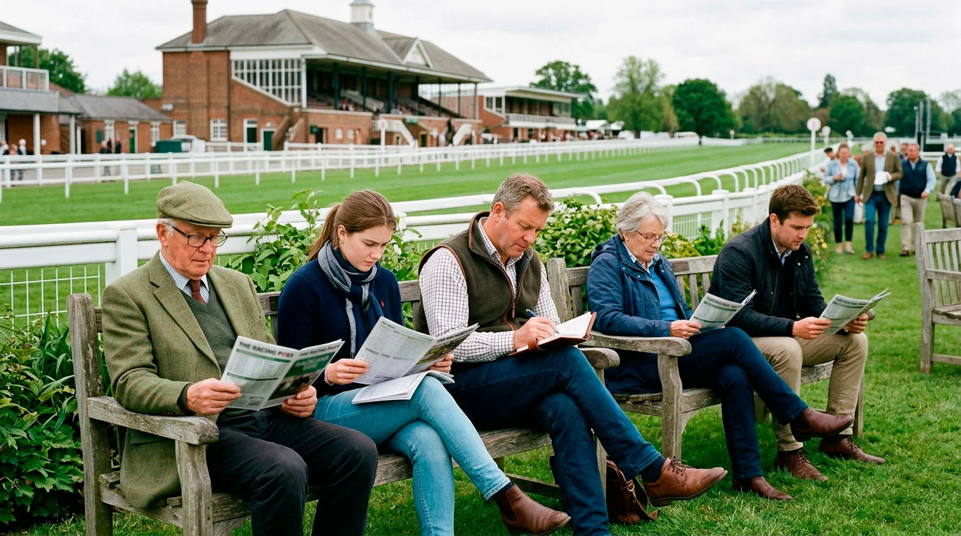 Peaceful scene at a British racecourse with punters studying racecards before betting
