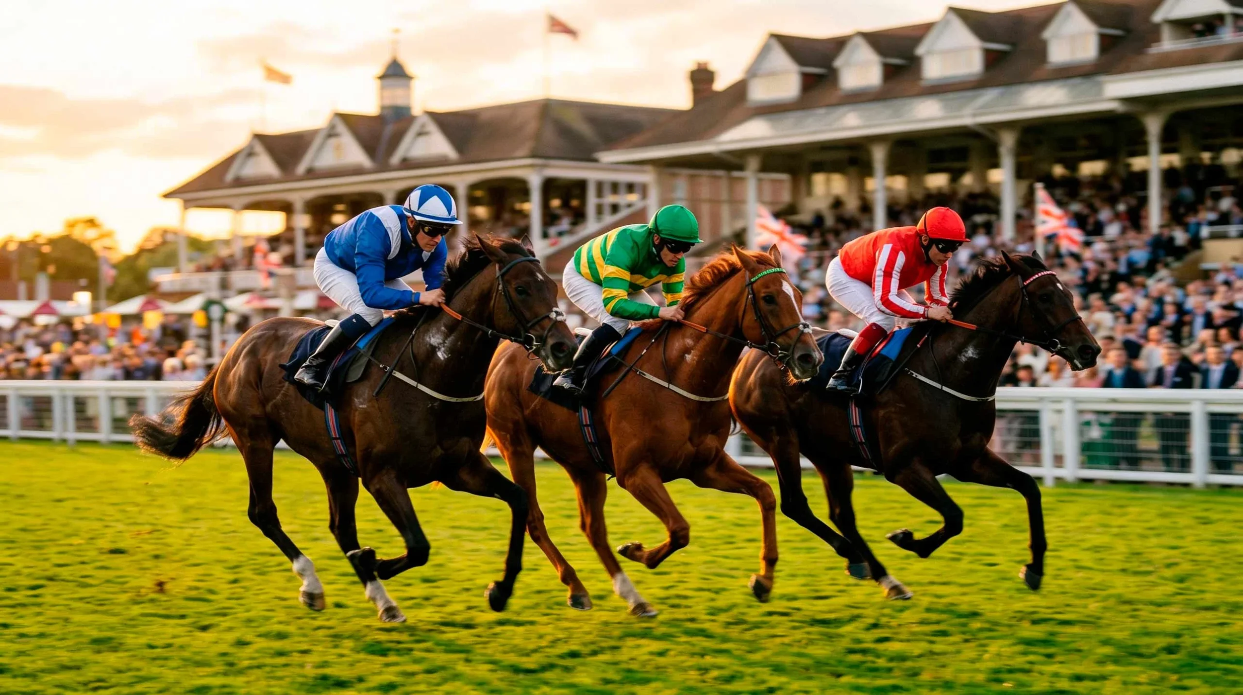 Thoroughbred racehorses competing at a British racecourse with grandstands and spectators in the background