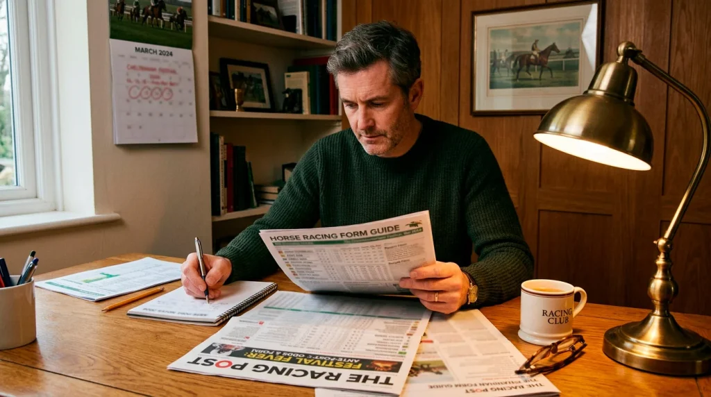 Punter studying form guide for ante-post horse racing bet