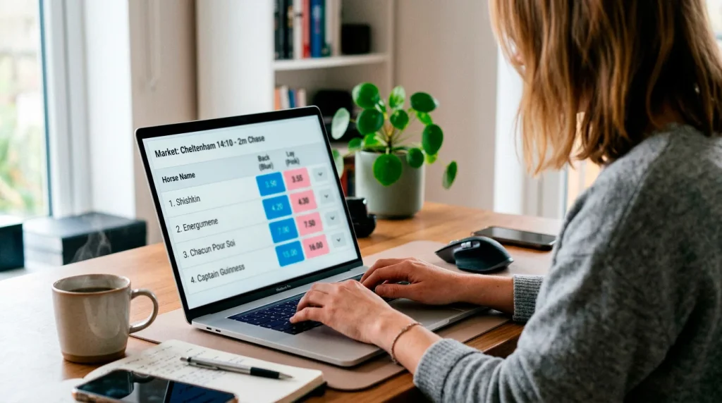Trading interface showing horse racing exchange markets