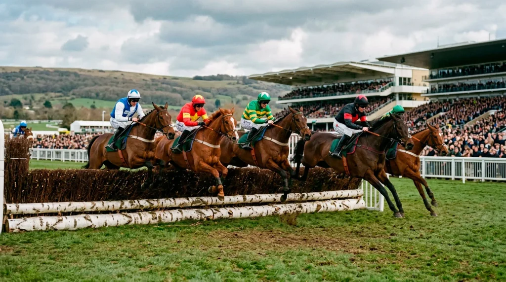 Horses jumping fence at Cheltenham Festival with crowds