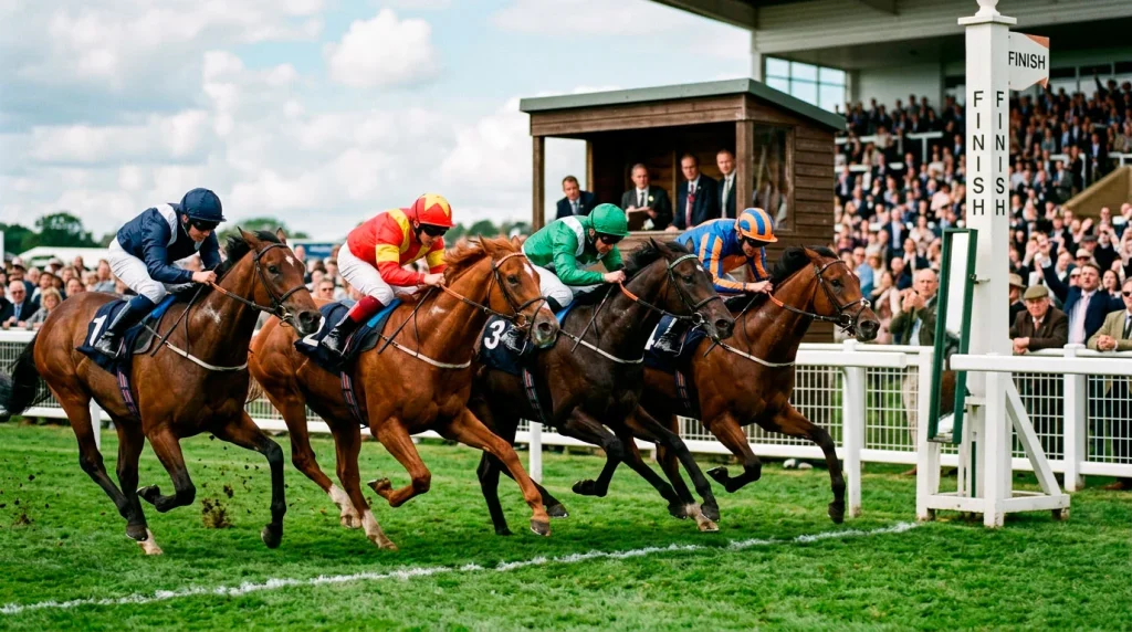 Photo finish with multiple horses filling place positions