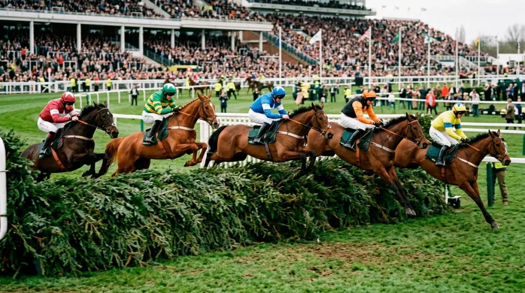 Horses clearing famous fence at Aintree Grand National