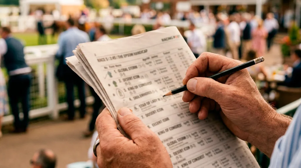 Punter studying racing form guide and racecard
