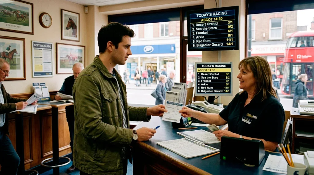 Beginner punter placing first horse racing bet at UK bookmaker