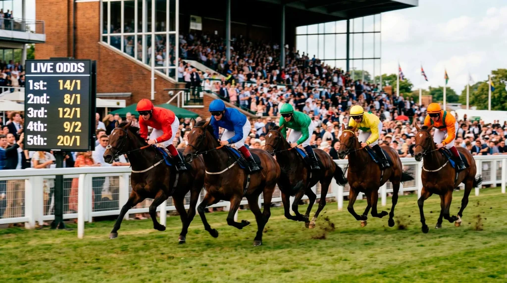 Live horse race in progress with dynamic betting odds