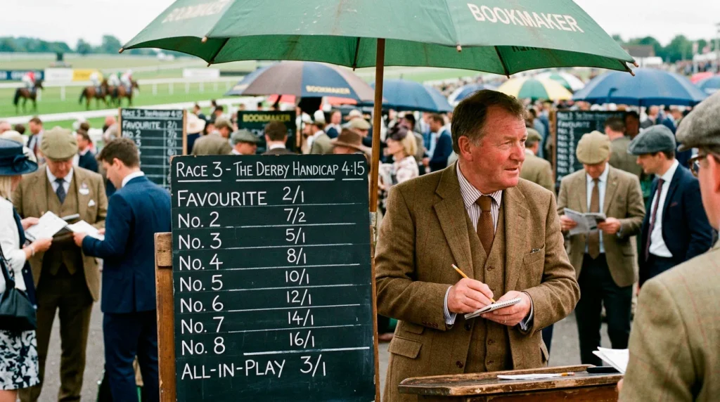 On-course bookmaker taking bets at British racecourse