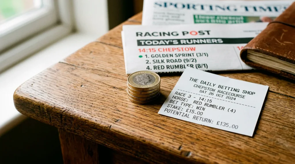Small stake coins next to horse racing betting slip