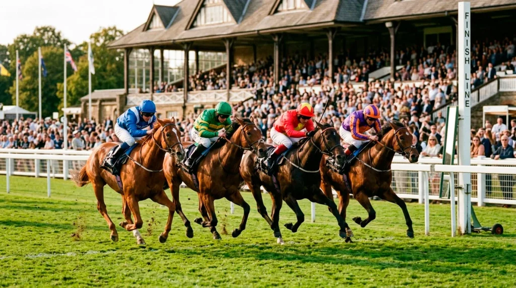 Four racehorses crossing finish line in Lucky 15 bet