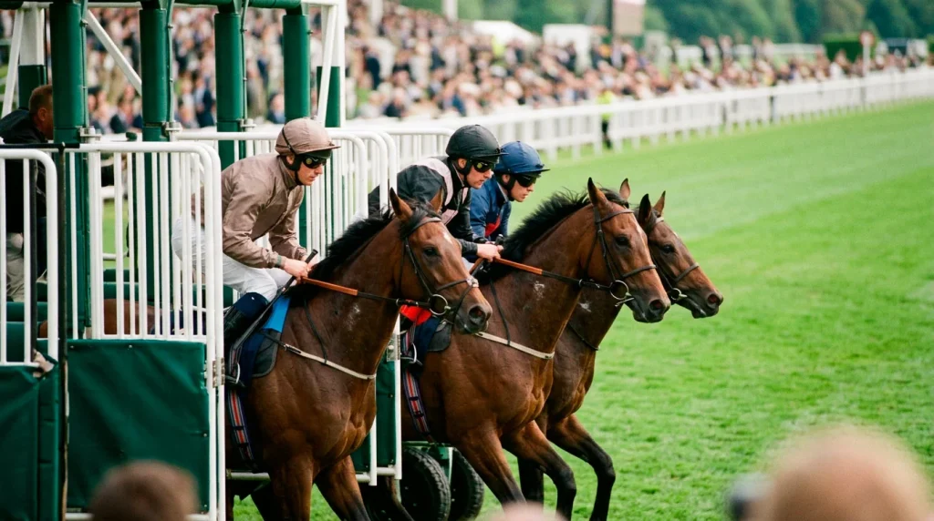 Horse racing starting gates with jockeys preparing for race start