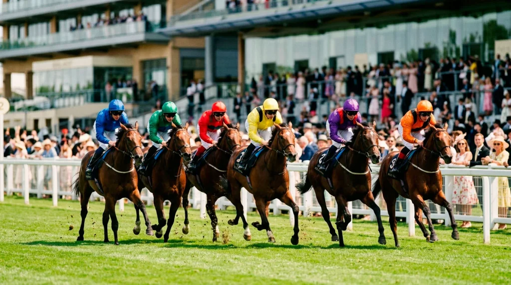 Flat racing at Royal Ascot with grandstand backdrop