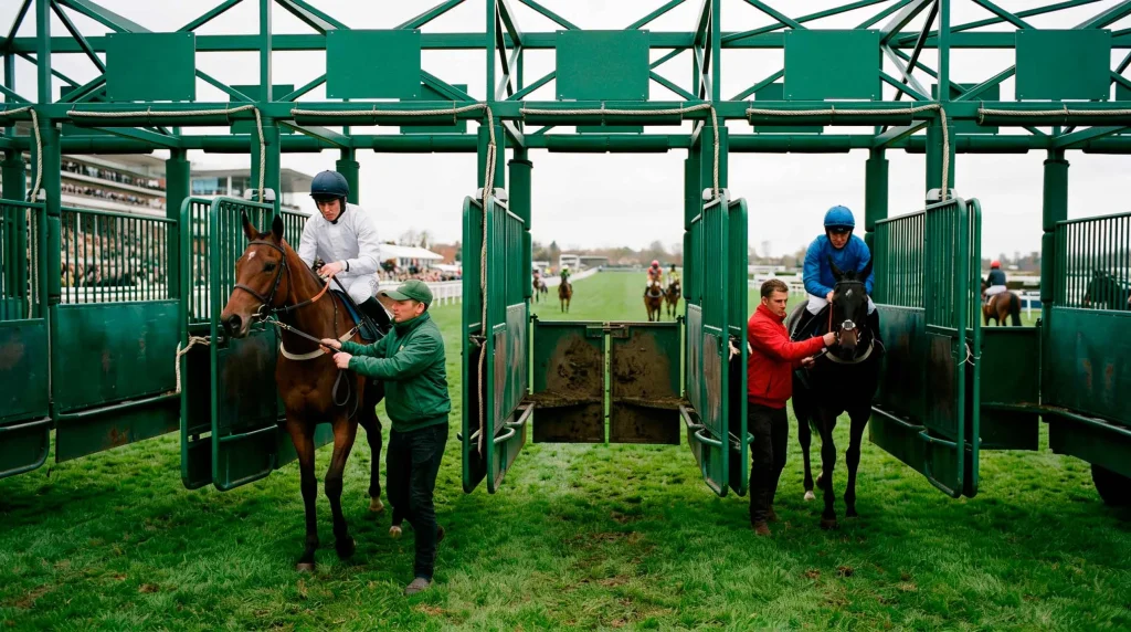 Empty starting stall showing non-runner at horse race